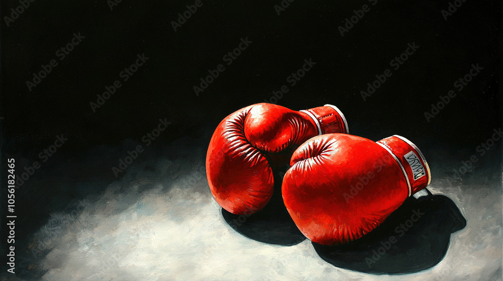 Poster two red boxing gloves on a dark background with a shadow