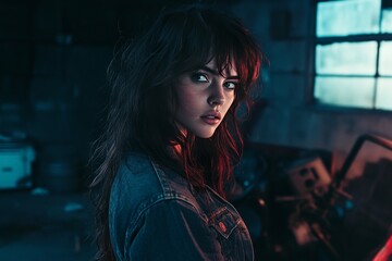 Young cyberpunk girl with messy hair and intense makeup posing in a futuristic, neon lit setting