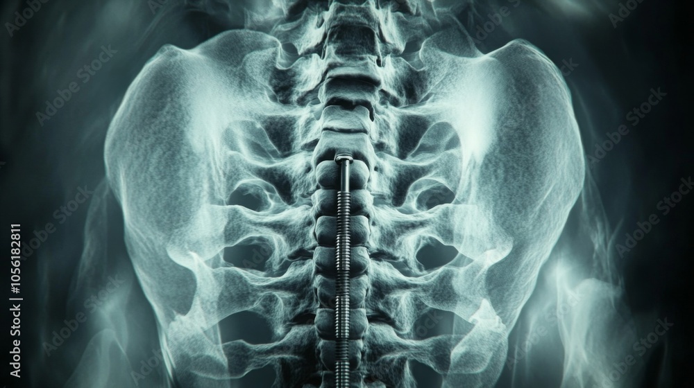 Poster the x-ray reveals the spine and pelvis of a human body, showcasing the vertebral column's alignment 