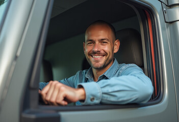 happy young driver truck looks camera smiling professionally