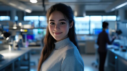 Young woman in casual student clothing smiling confidently in a university lab.