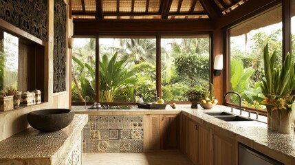 Fototapeta premium Artisanal Balinese Kitchen: A kitchen featuring handcrafted cabinetry, intricate tile work, and a rustic stone sink, enhanced by large windows that create a bright and inviting cooking space