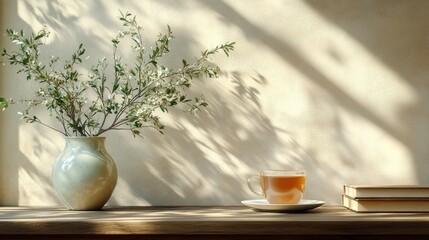 A cup of tea, a book, and a vase of flowers on a wooden table with sunlight streaming in the window.