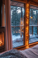 Rustic Christmas Bedroom with Cozy Fireplace and Snowy Forest View