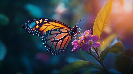 Captivating nature scene of a vibrant butterfly with orange and black wings perched on a delicate pink flower, illuminated by warm sunlight