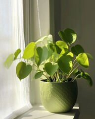 indoor plant on a window sill, lit by soft morning sunlight, representing the connection between nature & indoor wellness. The image is minimalist with gentle green hues.