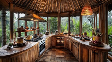 Fototapeta premium Eco-Friendly Balinese Kitchen: A sustainable kitchen incorporating reclaimed wood cabinetry, bamboo accents, and energy-efficient appliances, surrounded by large windows