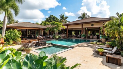 Fototapeta premium Family-Friendly Retreat: A spacious open-air villa designed for family gatherings, featuring a large play area, BBQ station, and a shallow pool for children, all surrounded by tropical plants