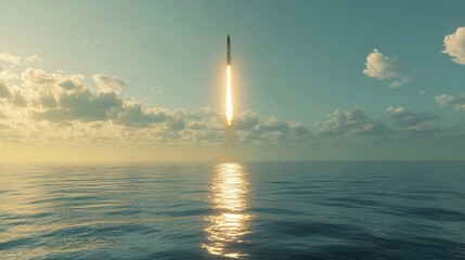 A rocket launches into the sky over a vast blue ocean at sunset.