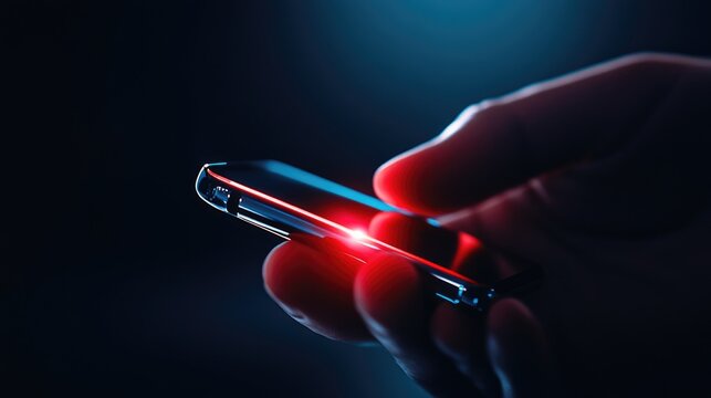 Hand touching a small glowing smart device or phone on dark background, closeup