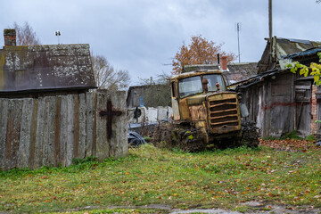 Old agricultural crawler tractor DT-75. Manufactured during Soviet times.