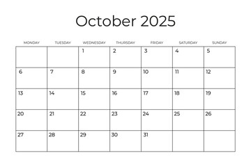 Printable Monthly Calendar Template for OCTOBER 2025. Wall Calendar in a Minimalist Style. Week Starts on MONDAY. Simple and clean design. Vector