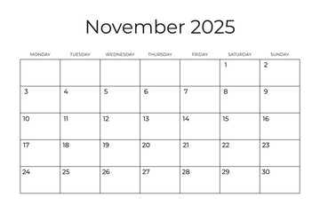 Printable Monthly Calendar Template for NOVEMBER 2025. Wall Calendar in a Minimalist Style. Week Starts on MONDAY. Simple and clean design. Vector