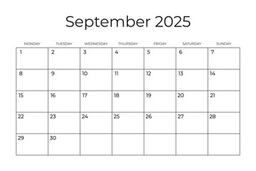 Printable Monthly Calendar Template for SEPTEMBER 2025. Wall Calendar in a Minimalist Style. Week Starts on MONDAY. Simple and clean design. Vector