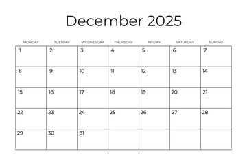 Printable Monthly Calendar Template for DECEMBER 2025. Wall Calendar in a Minimalist Style. Week Starts on MONDAY. Simple and clean design. Vector