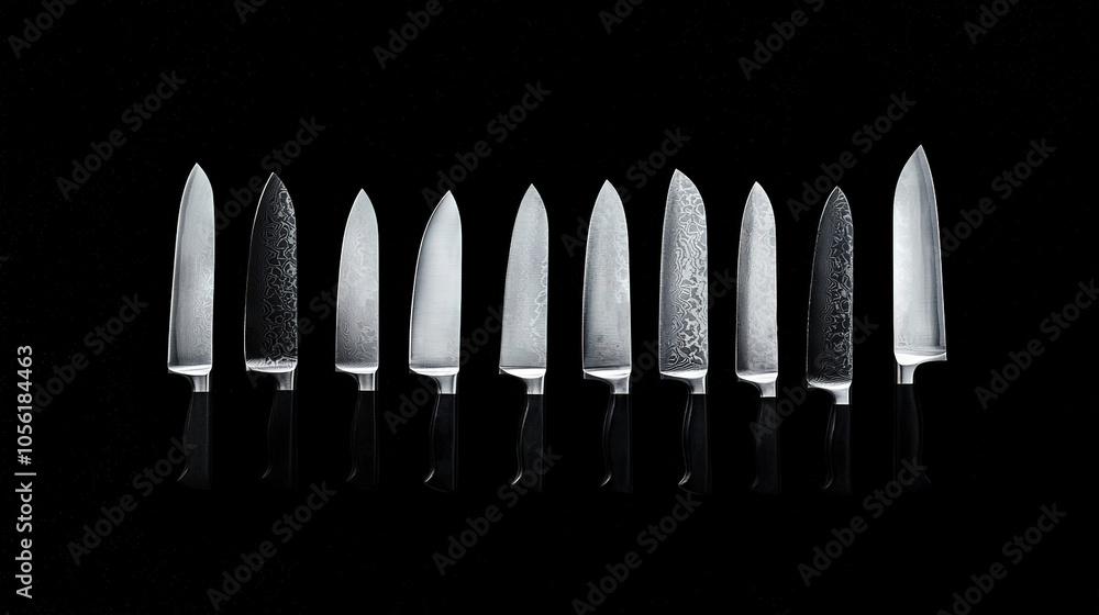Poster a set of knives arranged on a dark background with a mirror reflection in the center
