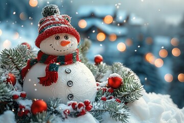 A charming snowman is beautifully decorated for Christmas in a magical winter wonderland