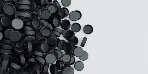 Top view on a pile of black plastic bottle caps on white background. Plastic industry product. Garbage reuse. 3d render illustration