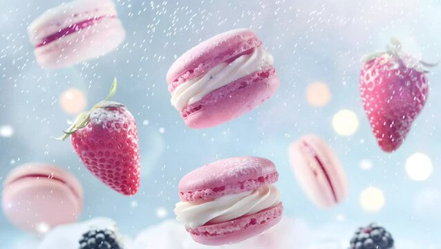 Flying, floating pink macaron cake with strawberries and blackberries on a soft blue background with strawberries and blackberries. Macaron