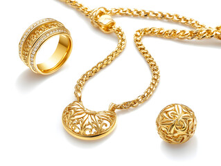 A sparkling gold ring with diamond accents sits beside a gold necklace with a delicate pendant and a matching charm.