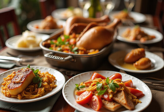 setting includes wide selection delicious homemade dishes thanksgiving dinner