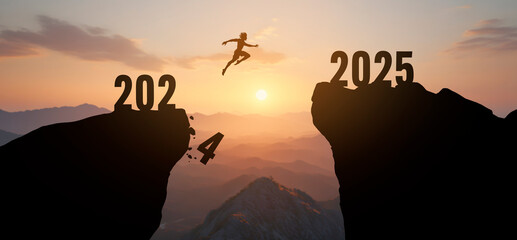 man jumping from one mountain to another, concept of reaching the new year 2025 leaving 2024 behind