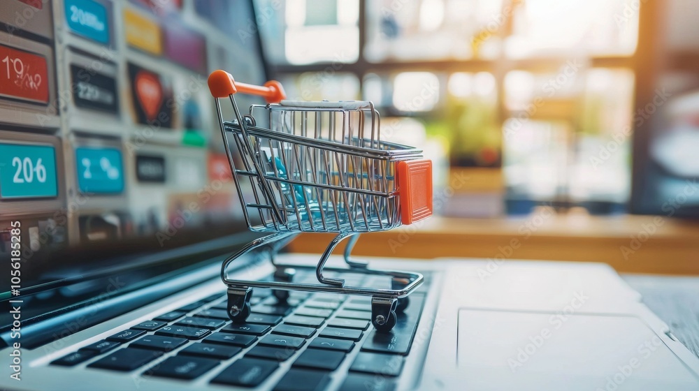 Aufkleber shopping cart on a laptop keyboard representing e-commerce