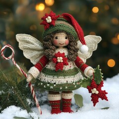 Nice beautiful New Year and Christmas fairy crocheted handmade hand decor, craft, creative art decor picture holiday