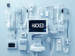A hospital medical monitor screen with the word 'Hacked' displayed. This image highlights the vulnerability of medical systems to cyberattacks.