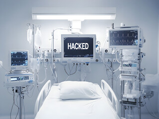 A hospital room with a bed and medical equipment. The word HACKED is displayed on a monitor.