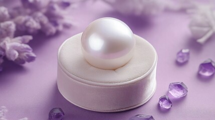 Single giant pearl displayed in a velvet box, isolated on a soft lavender background, with small amethyst stones