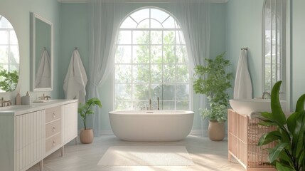 Soothing Color Palette Bathroom: A spa-like bathroom with a soft pastel color scheme, featuring a large soaking tub, elegant vanities, and a rainfall shower, surrounded by calming decor and greenery