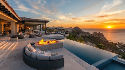 Sunset Lounge Villa: A stunning villa designed for evening gatherings, featuring a spacious outdoor lounge with fire pits, ambient lighting, and panoramic sunset views