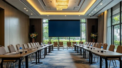 A modern conference room set up for a meeting with tables, chairs, and a large screen.