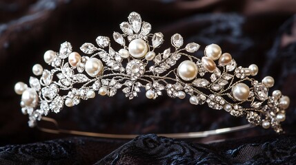 Obraz premium Vintage-style pearl and diamond tiara, isolated on a dark velvet, with intricate lace detailing and sparkling light