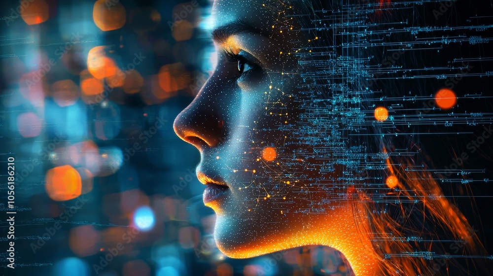 Poster abstract profile of a woman with digital data overlay