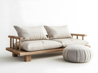 Fototapeta premium A modern minimalist wooden sofa with soft, off-white cushions and a matching ottoman.