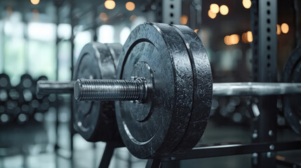 Obraz premium Close-up of heavy black dumbbells in a modern gym setting during daylight hours