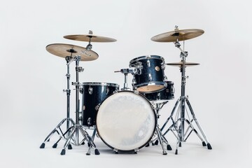 Contemporary drum kit on white backdrop with percussion instruments for rock concert design