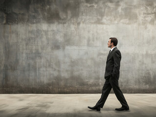 Fototapeta premium a business man in a suit walks in front of a blank concrete wall - a corporate employee, side view, empty copy space, concept