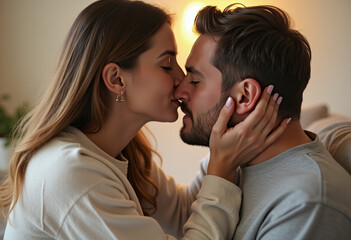 Fototapeta premium woman kisses affectionate boyfriend soft forehead gentle loving touch