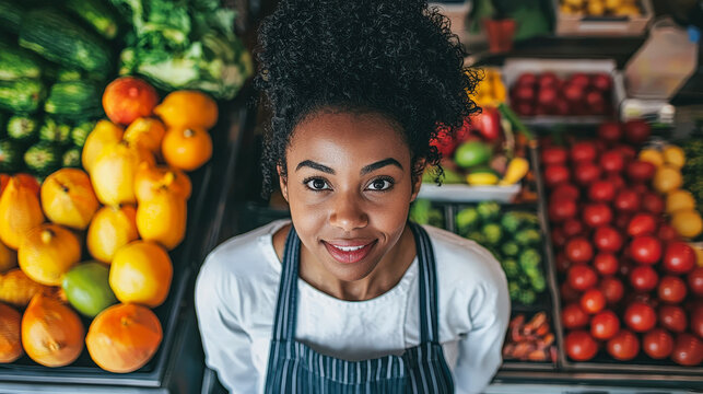 A friendly vendor stands among abundant fruits and vegetables, welcoming customers at a bustling marketplace in the afternoon