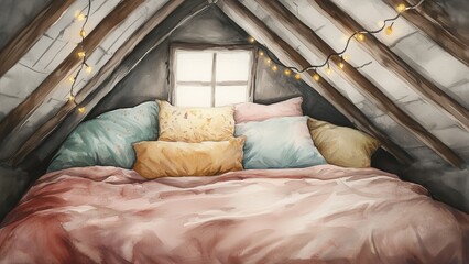 A whimsical watercolor of a cozy attic bedroom with a slanted roof, fairy lights twinkling, soft pastel pillows piled high on the bed. room feels like a secret hideaway, full of warmth