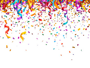 Colorful confetti and ribbons falling, celebrating a special occasion.