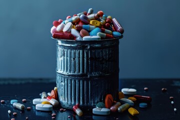 High quality photo of a full trash bin with medication and medical waste Essential supplements and pills concept of over consumption