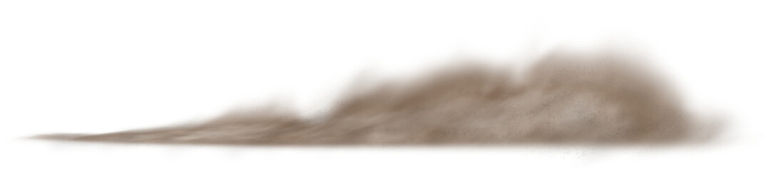Long dust from the ground that flies along the horizon. Isolated dust. Horizontal composition. Big size, PNG.