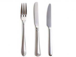 A fork and two knives arranged in a row on a white background.