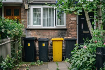 Naklejka premium Labeled wheelie bins for recycling garden waste and refuse at Grahame Park estate
