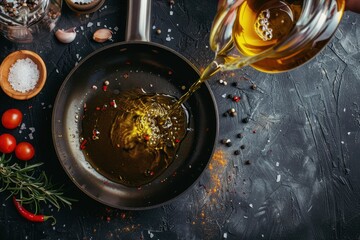 Man cooking with oil in pan Overhead view on dark background