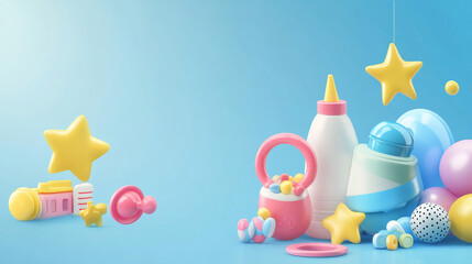 Vector illustration of a sale banner for a children's shop, adorned with cute 3D elements against a blue background, showcasing toys and accessories for kids and infants, such as a milk bottle, 